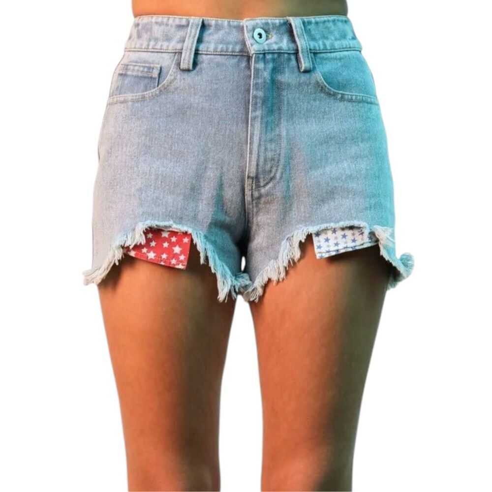 Very J Light Wash Patriotic Distressed Raw Hem Denim Shorts Boho USA Stretch NWT